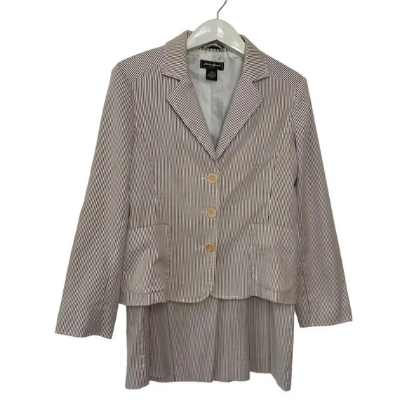 Eddie Bauer stretch tan + white pinstriped skirt & blazer suit Preppy Womens 8 - Picture 1 of 9